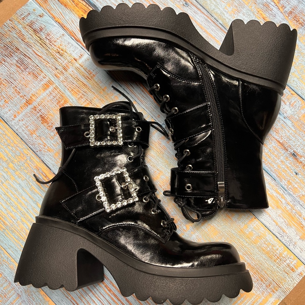 Black Platform Ankle Leather Boots - Picture 3 of 13